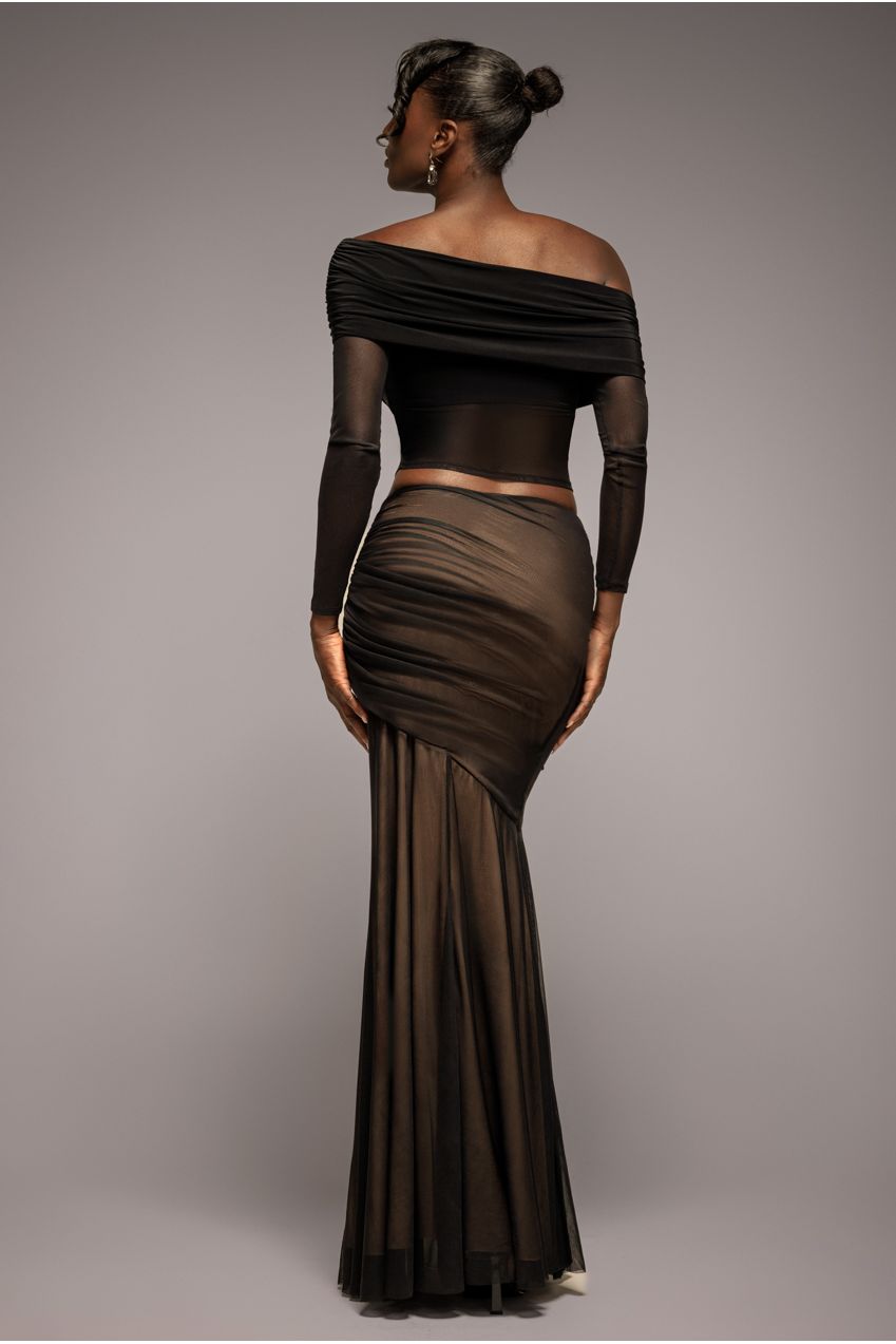 Goddiva Mesh Gathered Mermaid Maxi Skirt - Black