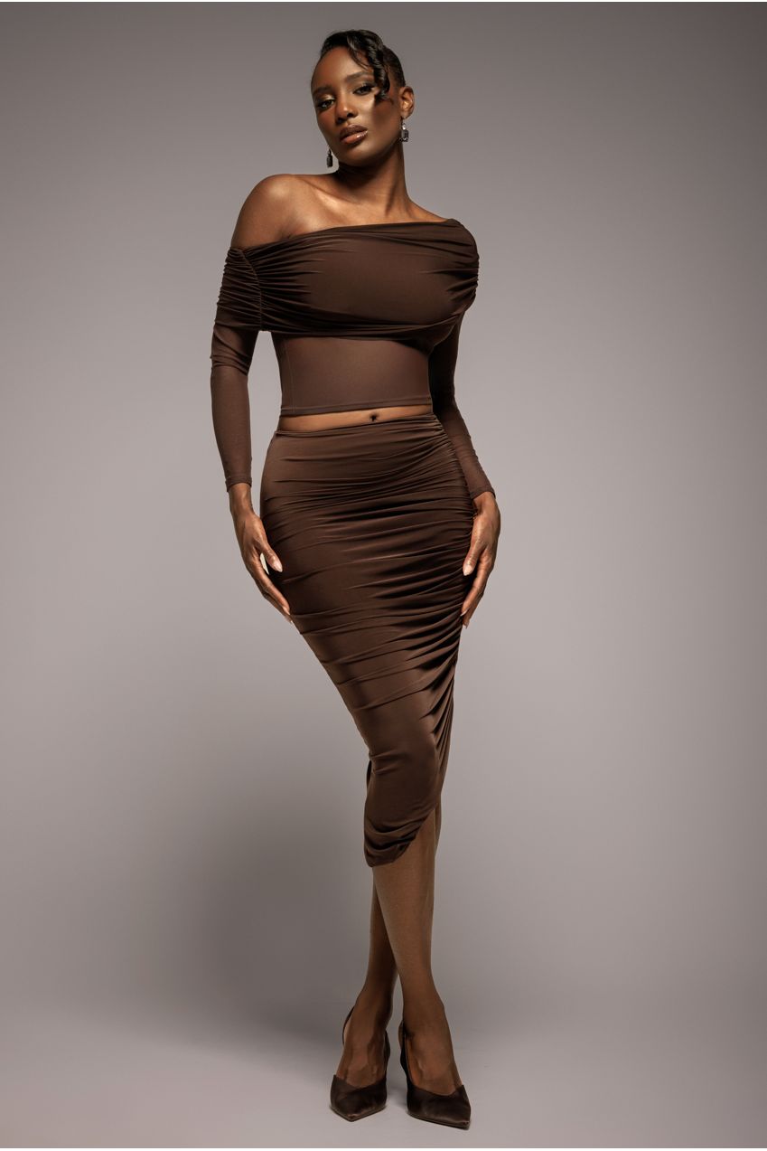 Goddiva Side Gathered Asymmetric Midi Skirt - Brown