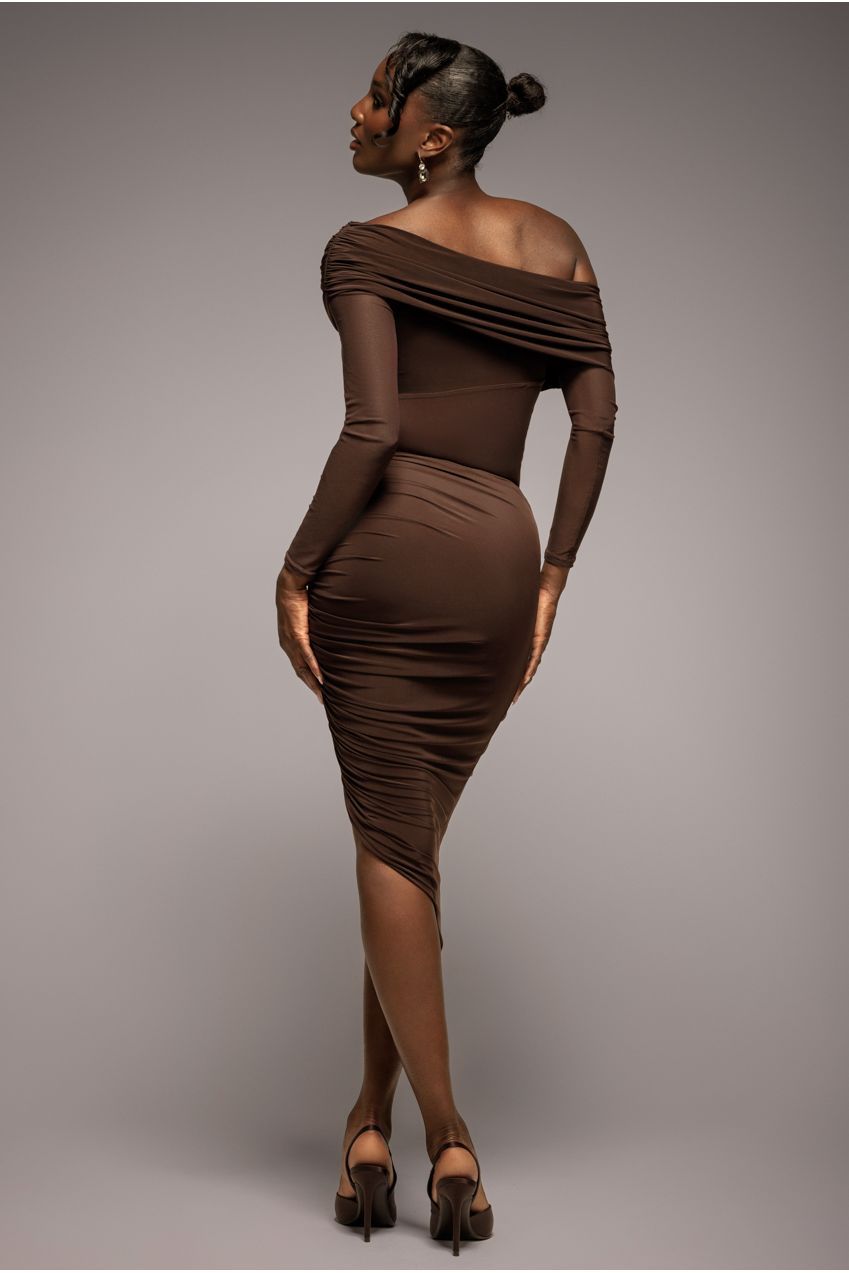 Goddiva Side Gathered Asymmetric Midi Skirt - Brown