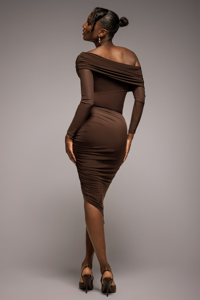 Goddiva Side Gathered Asymmetric Midi Skirt - Brown