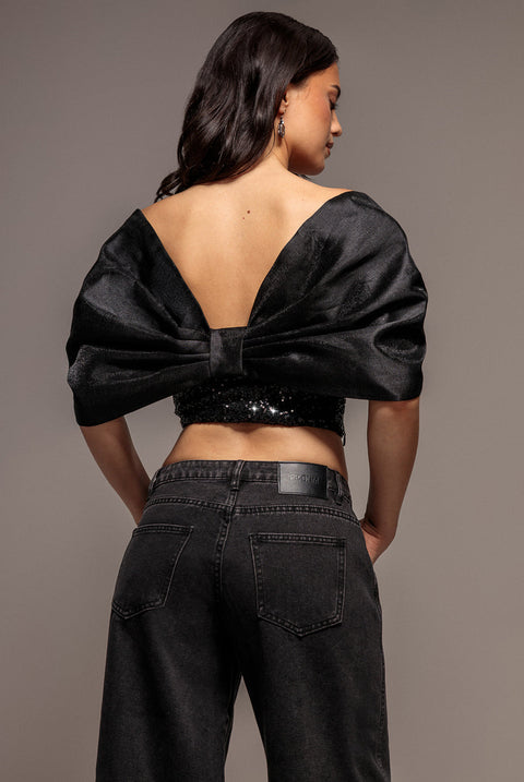 Goddiva Off Shoulder Corset Top With Back Satin Bow - Black