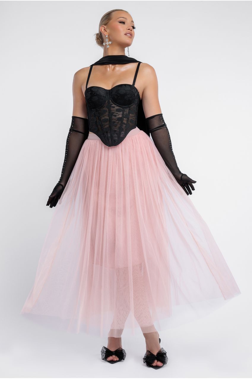 Goddiva Textured Floral Mesh Corset Tulle Gathered Midaxi Skirt Jersey Scarf & Diamante Embellished Mesh Gloves