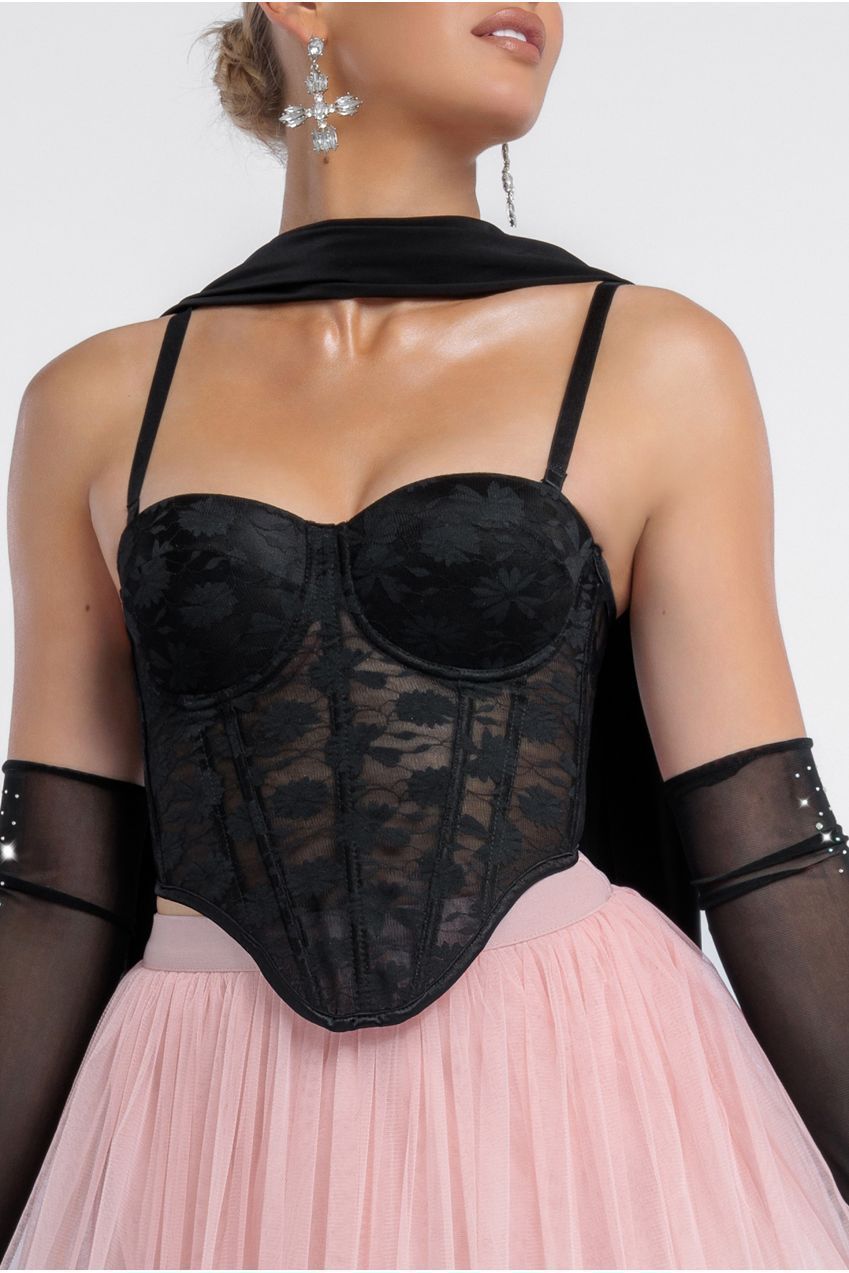 Goddiva Textured Floral Mesh Corset Tulle Gathered Midaxi Skirt Jersey Scarf & Diamante Embellished Mesh Gloves