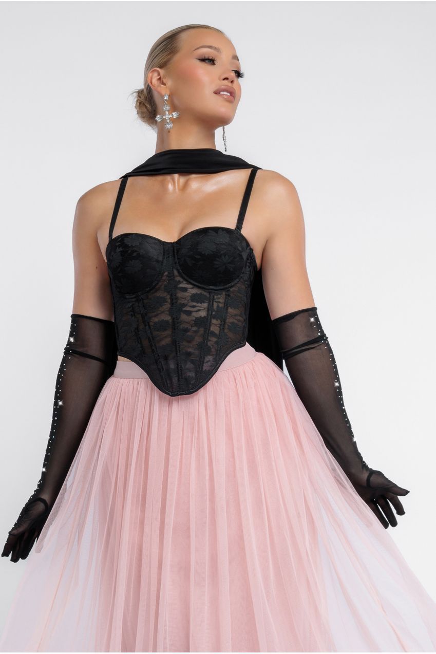 Goddiva Textured Floral Mesh Corset Tulle Gathered Midaxi Skirt Jersey Scarf & Diamante Embellished Mesh Gloves