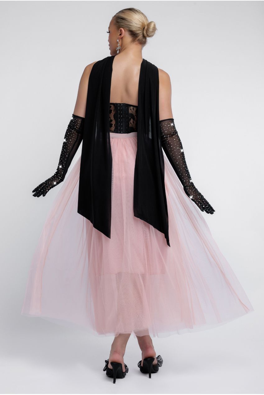 Goddiva Textured Floral Mesh Corset Tulle Gathered Midaxi Skirt Jersey Scarf & Diamante Embellished Mesh Gloves