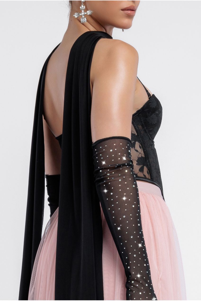Goddiva Textured Floral Mesh Corset Tulle Gathered Midaxi Skirt Jersey Scarf & Diamante Embellished Mesh Gloves