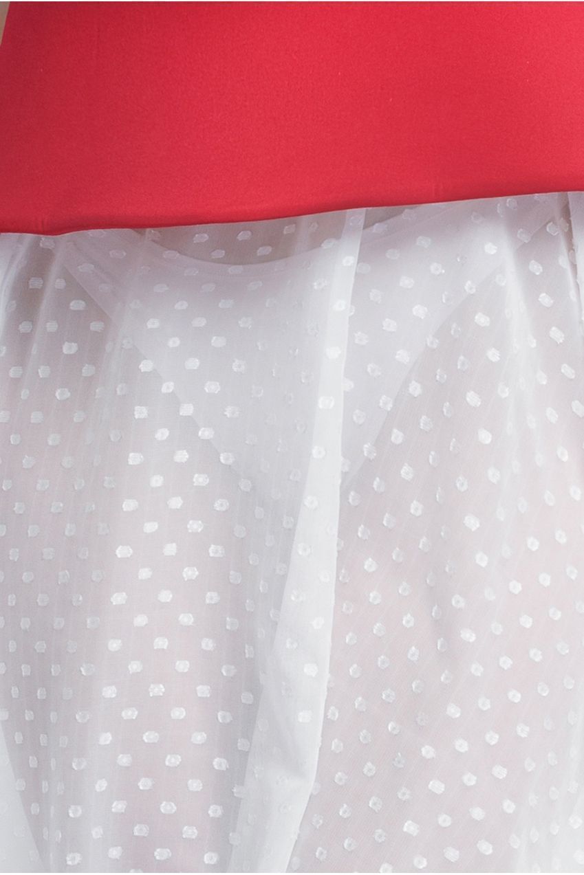 Goddiva Scuba Boobtube Peplum Corset With Polka Dobby Chiffon A-Line Maxi Skirt With Scarf - Red & Cream