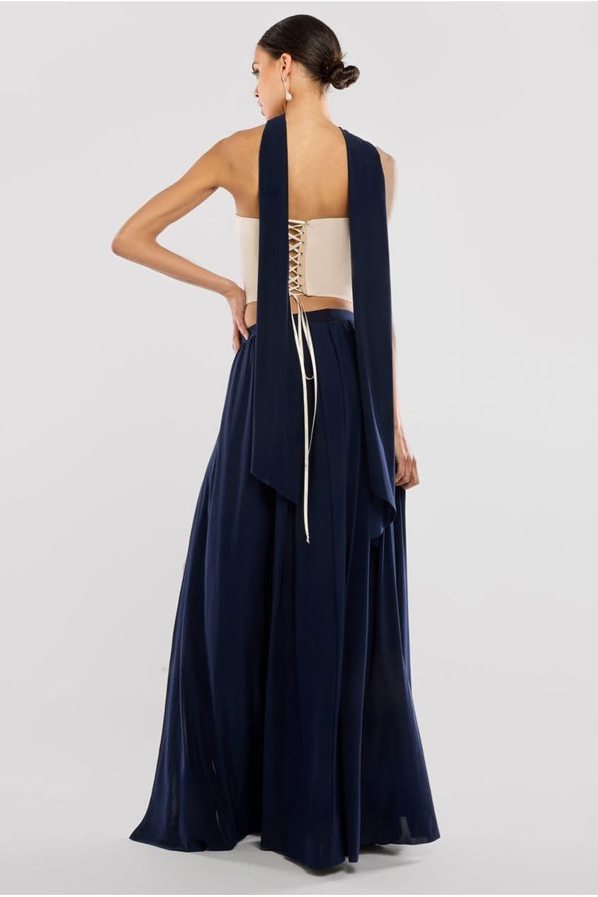 Goddiva Compact Crepe Lace Up Corset With Side Split Jersey Maxi Skirt & Scarf - Beige & Navy Blue