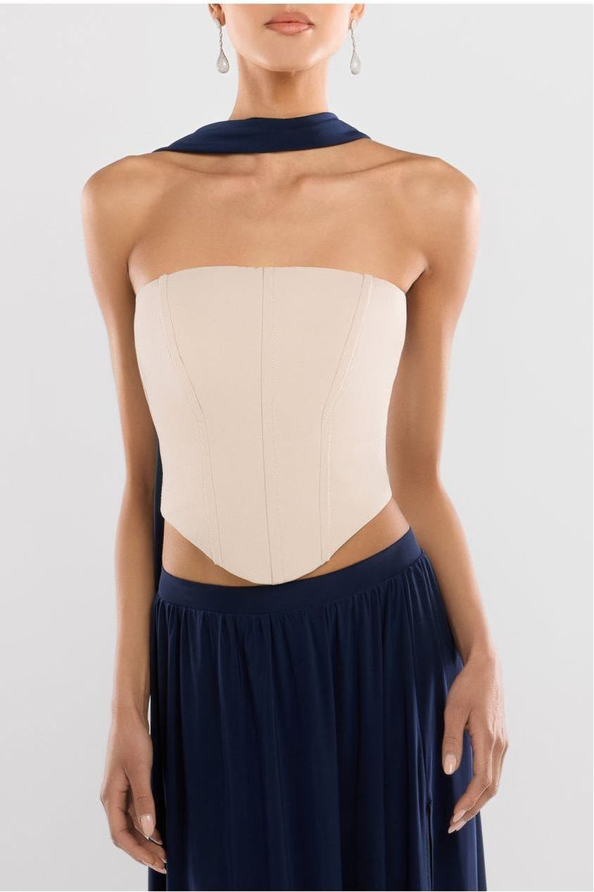 Goddiva Compact Crepe Lace Up Corset With Side Split Jersey Maxi Skirt & Scarf - Beige & Navy Blue
