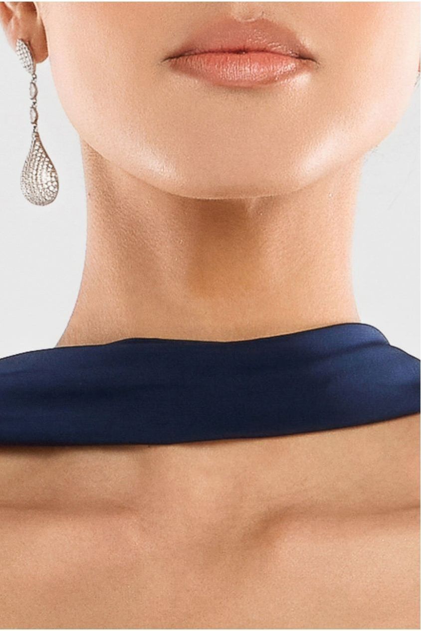 Goddiva Compact Crepe Lace Up Corset With Side Split Jersey Maxi Skirt & Scarf - Beige & Navy Blue