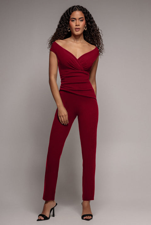 Goddiva Scuba Crepe Wrap Bardot Romper - Wine