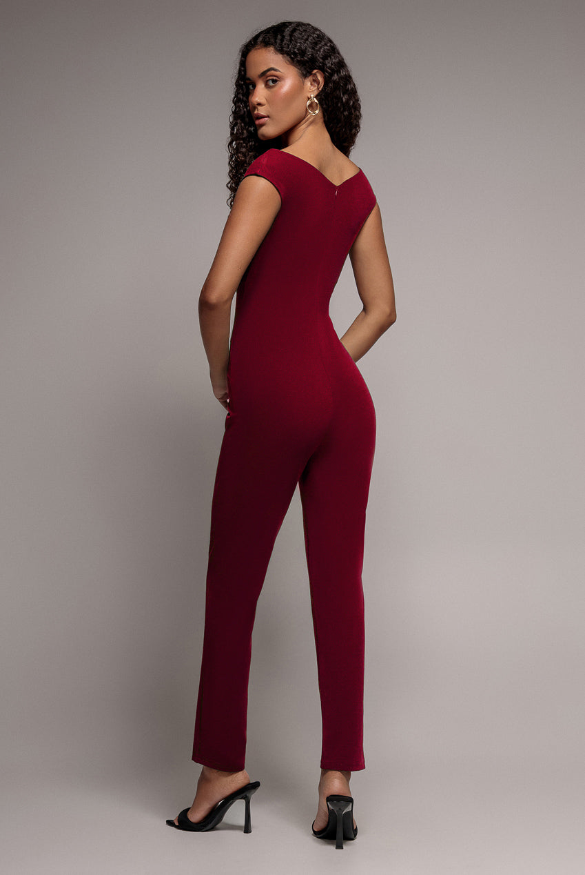 Goddiva Scuba Crepe Wrap Bardot Romper - Wine