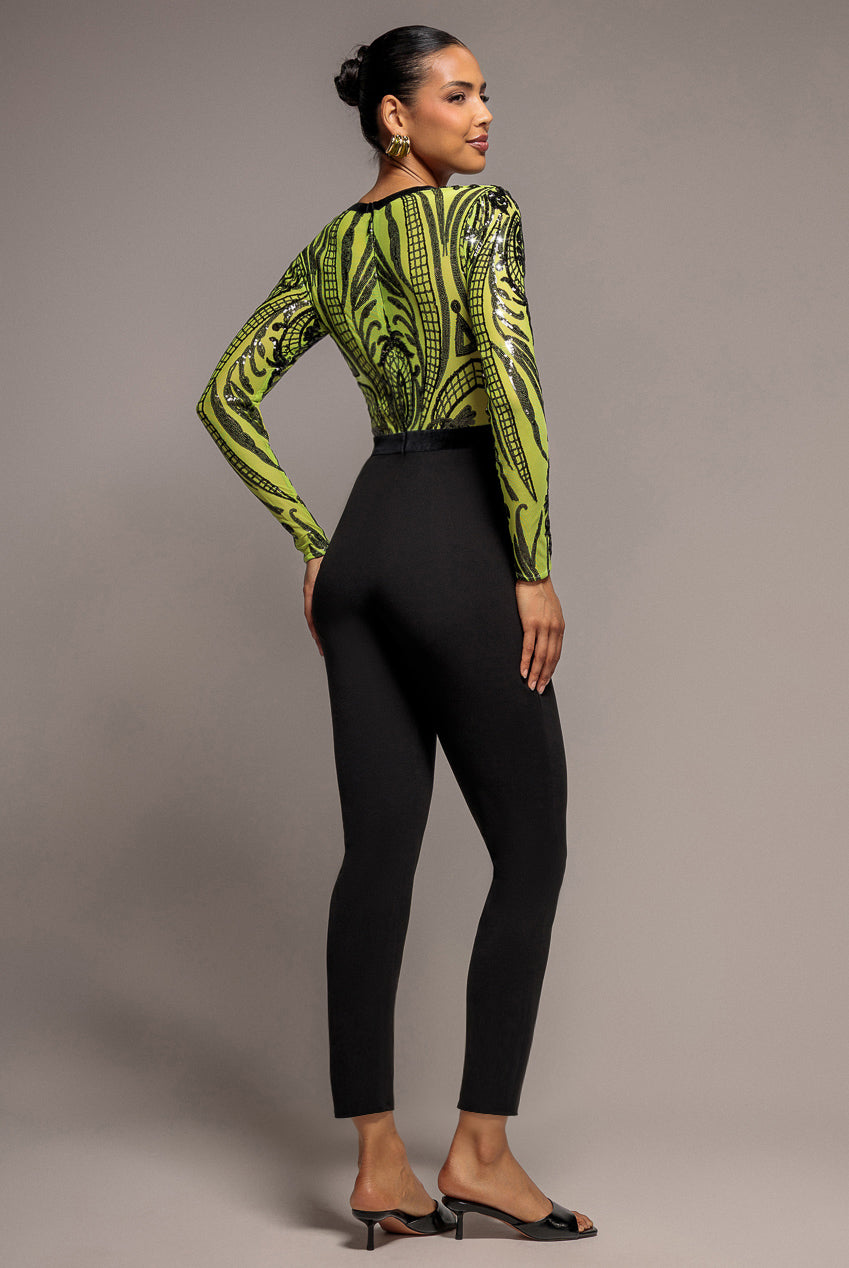 Goddiva Deep V Neck Sequin Embroidered Romper - Lime