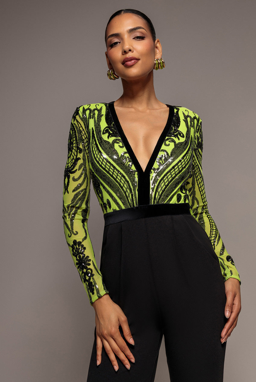Goddiva Deep V Neck Sequin Embroidered Romper - Lime