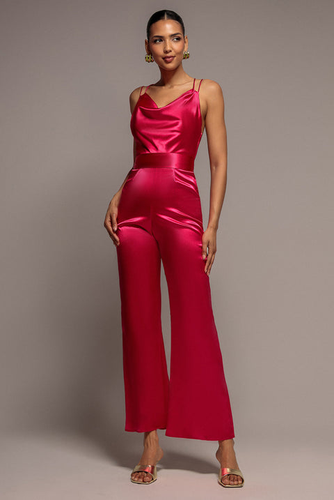 Goddiva Satin Cowl Neck Romper - Cerise