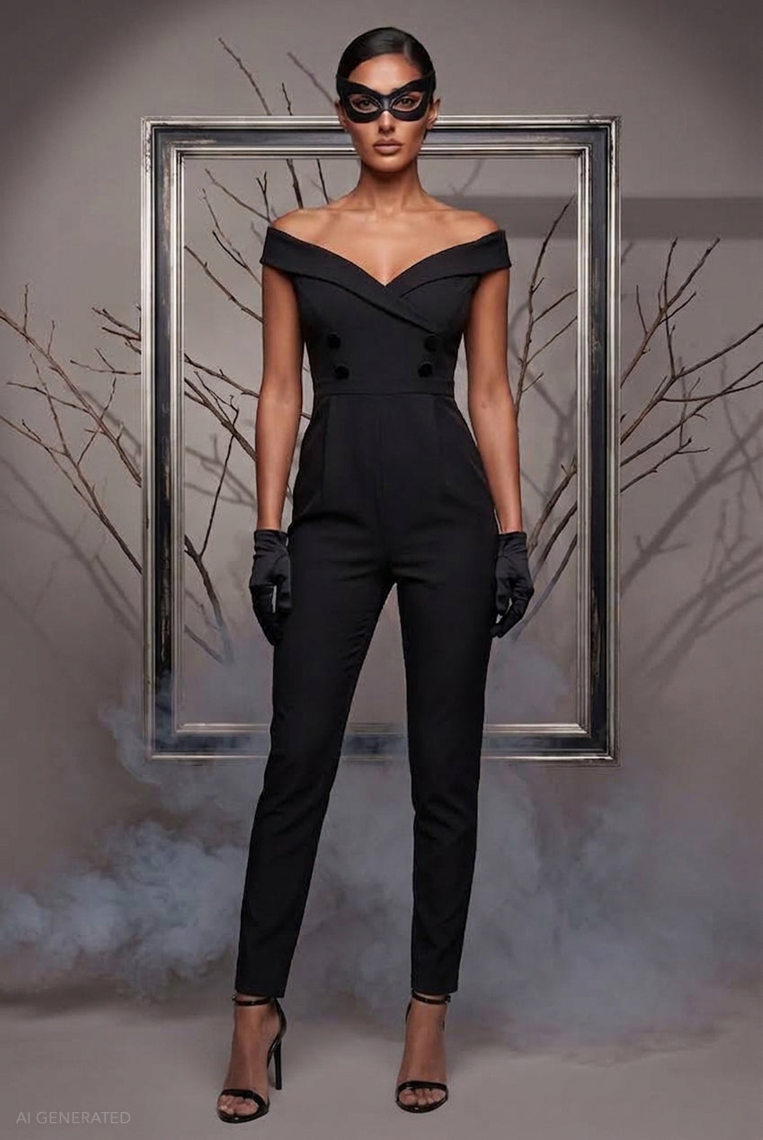 Goddiva Off The Shoulder Romper Catwoman-Inspired Halloween Costume - Black