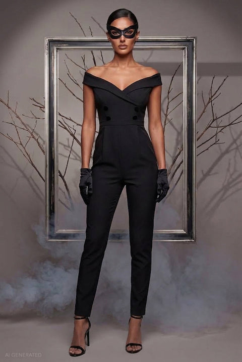 Goddiva Off The Shoulder Romper Catwoman-Inspired Halloween Costume - Black