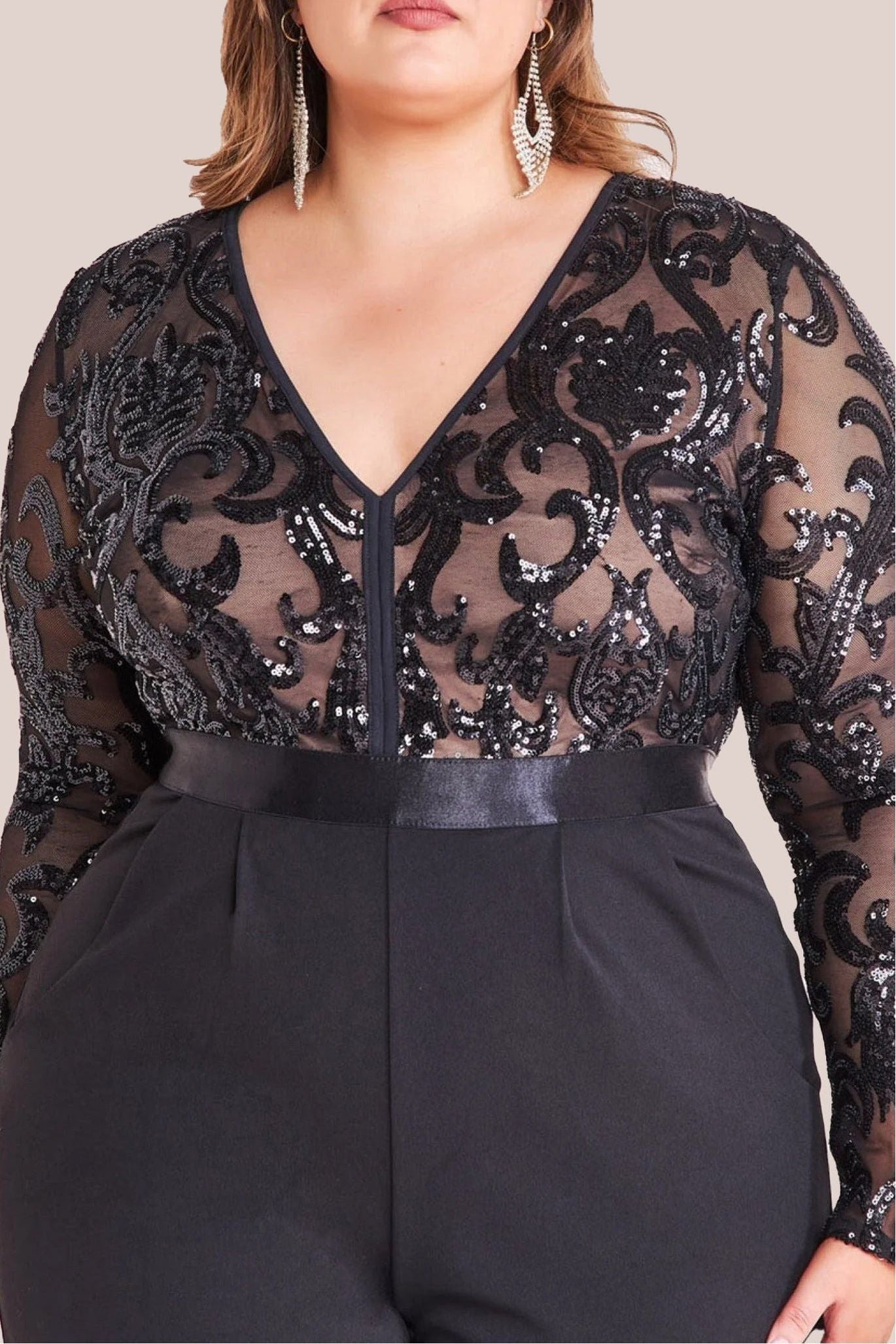 Goddiva Plus Sequin Mesh Romper - Black