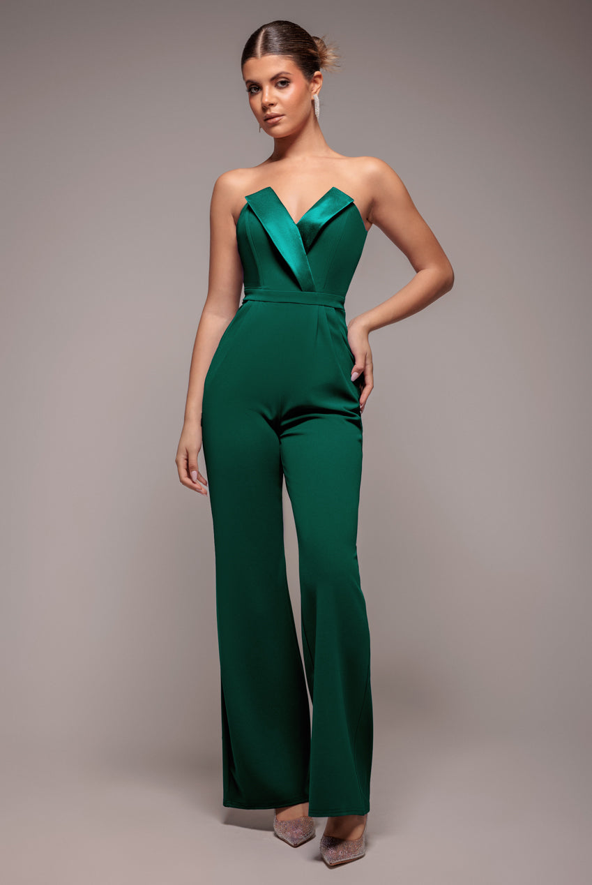 Goddiva Satin Collar Scuba Romper - Emerald Green