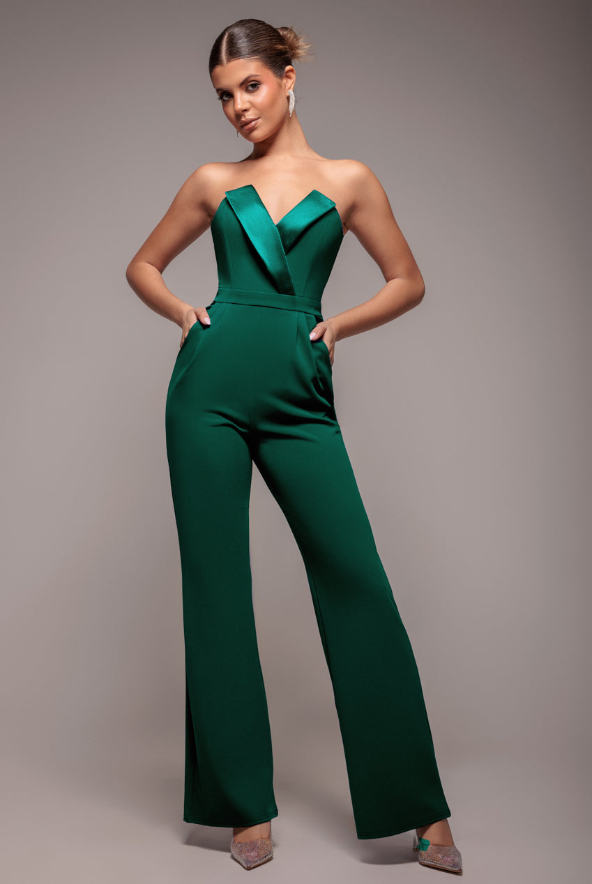 Goddiva Satin Collar Scuba Romper - Emerald Green