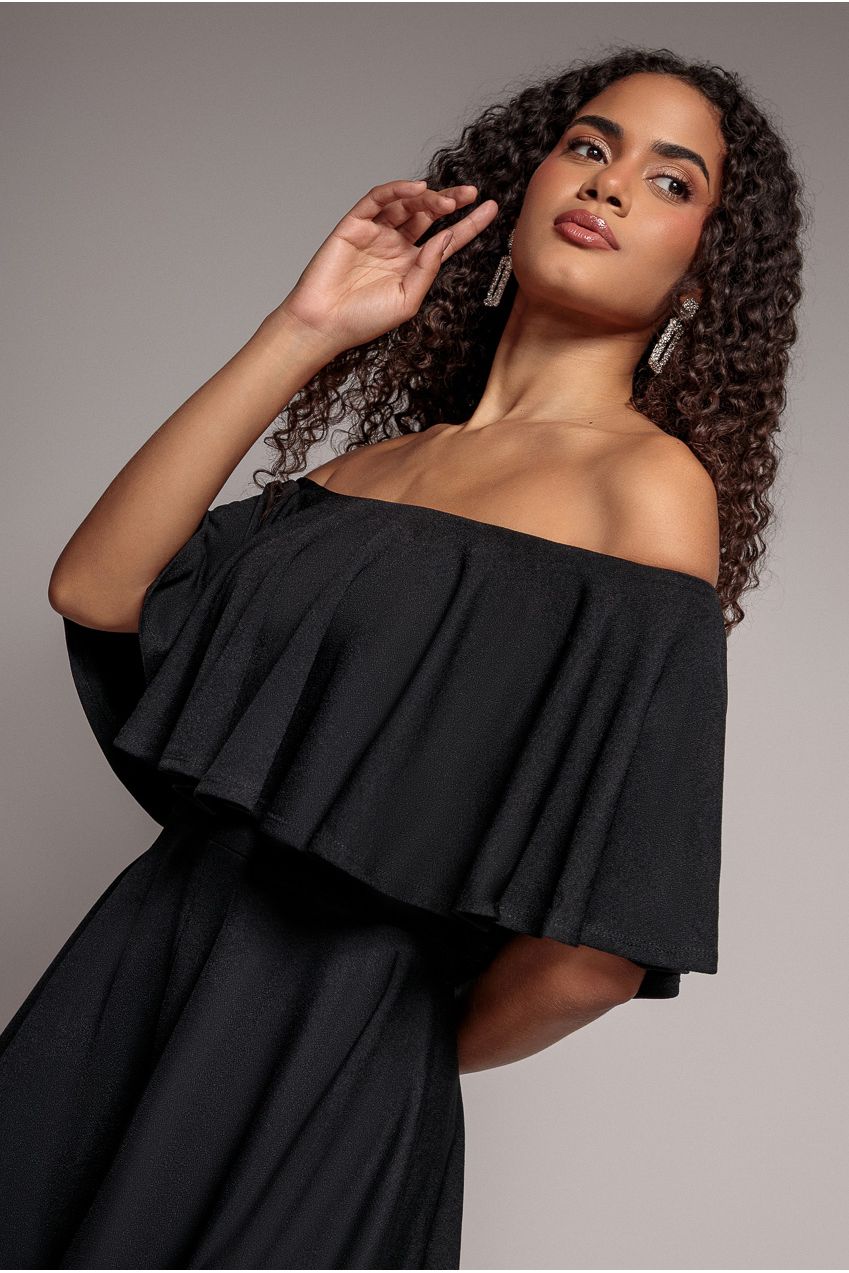 Goddiva Off The Shoulder Frill Neck Skater Romper - Black