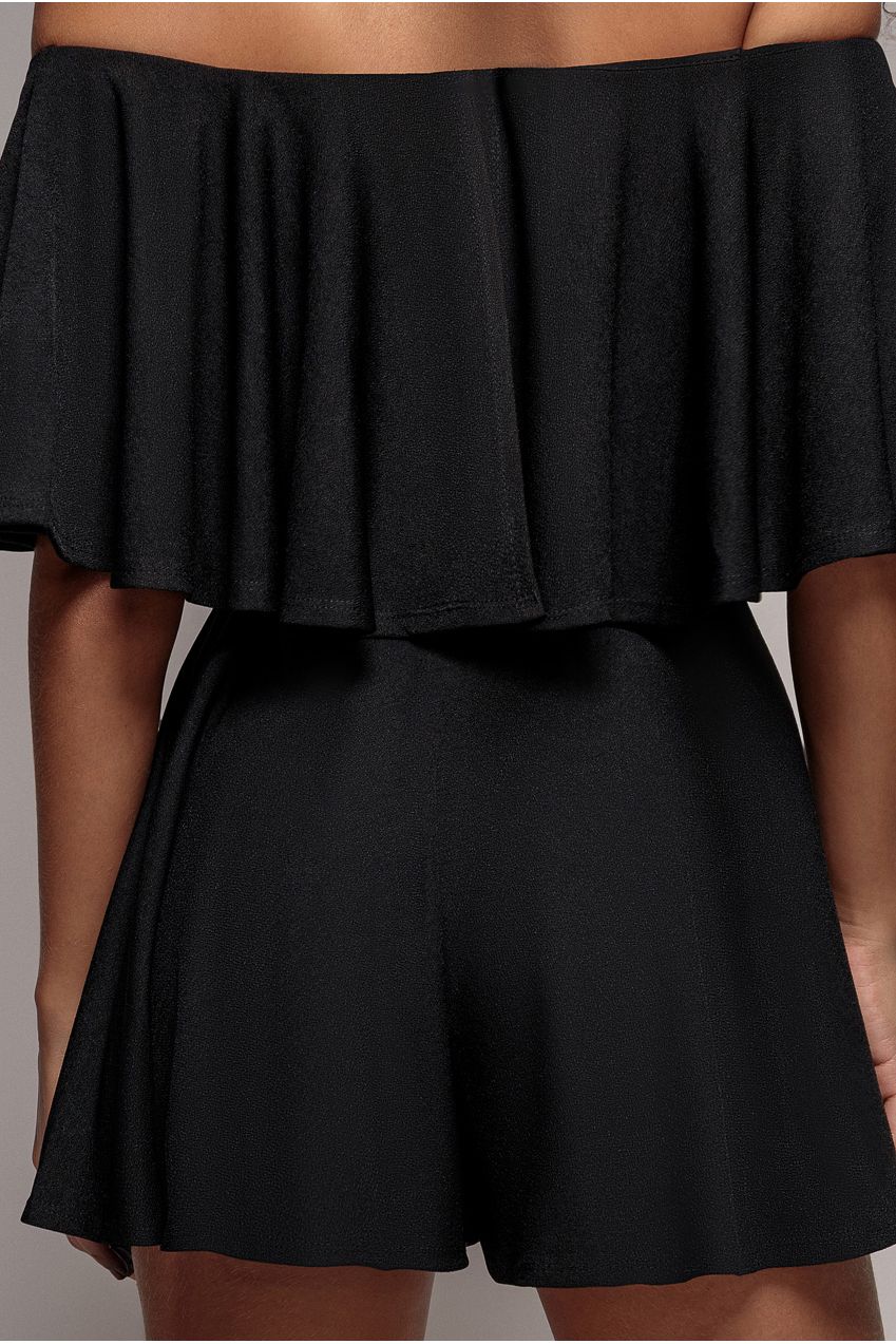 Goddiva Off The Shoulder Frill Neck Skater Romper - Black