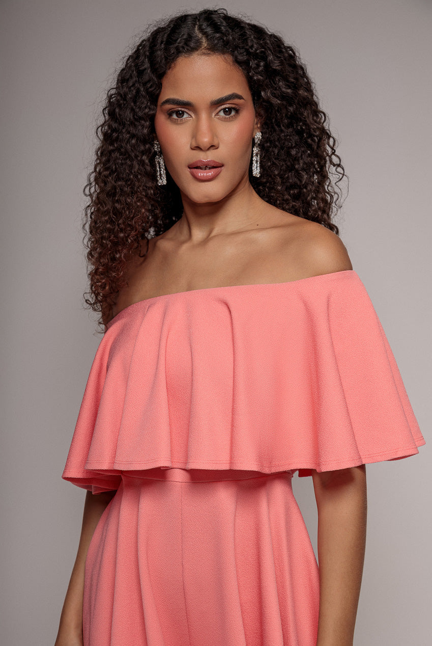 Goddiva Off The Shoulder Frill Neck Skater Romper - Coral