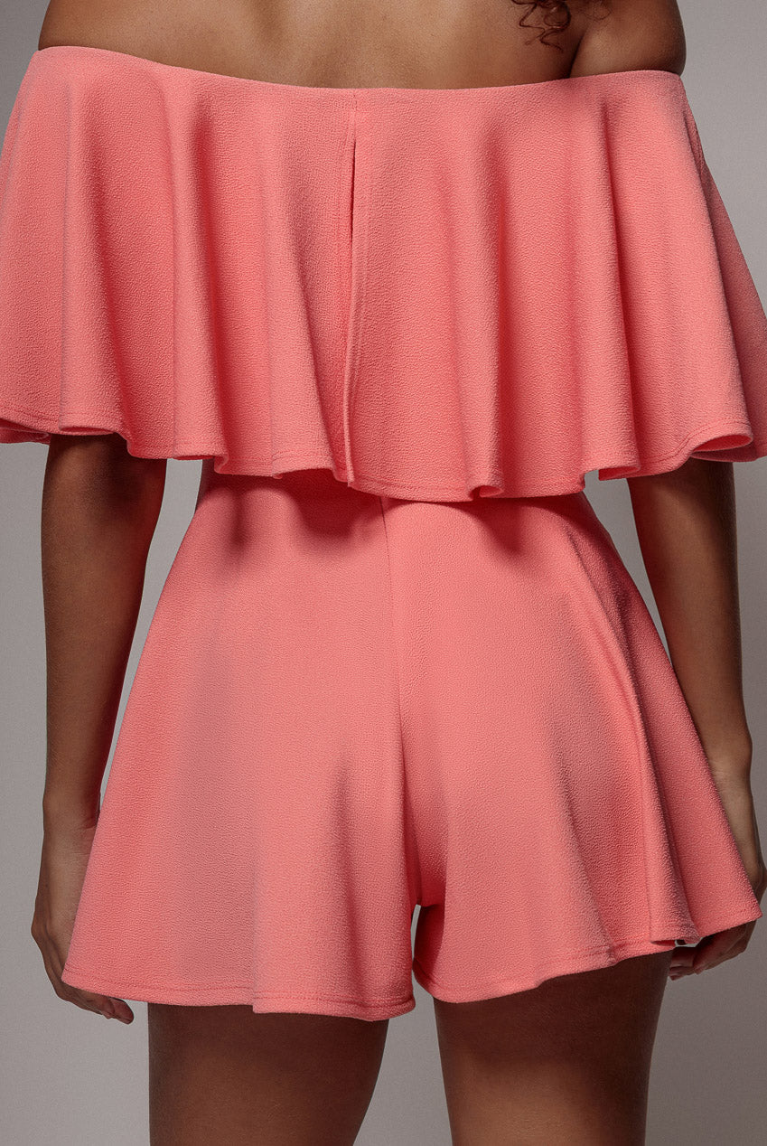 Goddiva Off The Shoulder Frill Neck Skater Romper - Coral