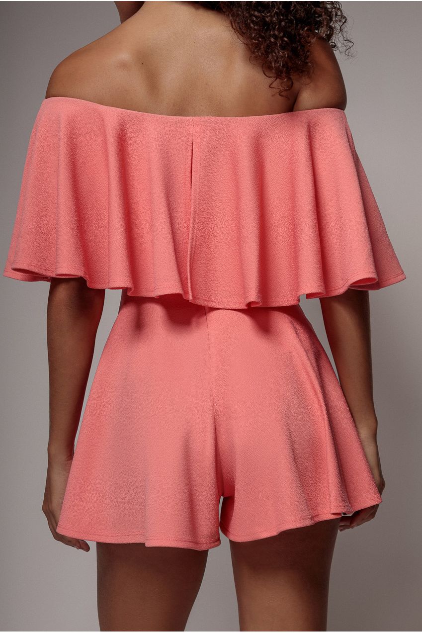 Goddiva Off The Shoulder Frill Neck Skater Romper - Coral