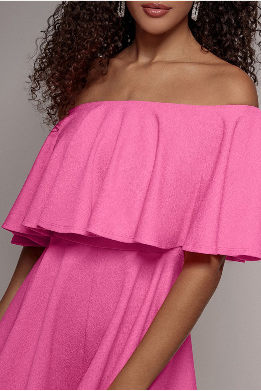 Goddiva Off The Shoulder Frill Neck Skater Romper - Cerise