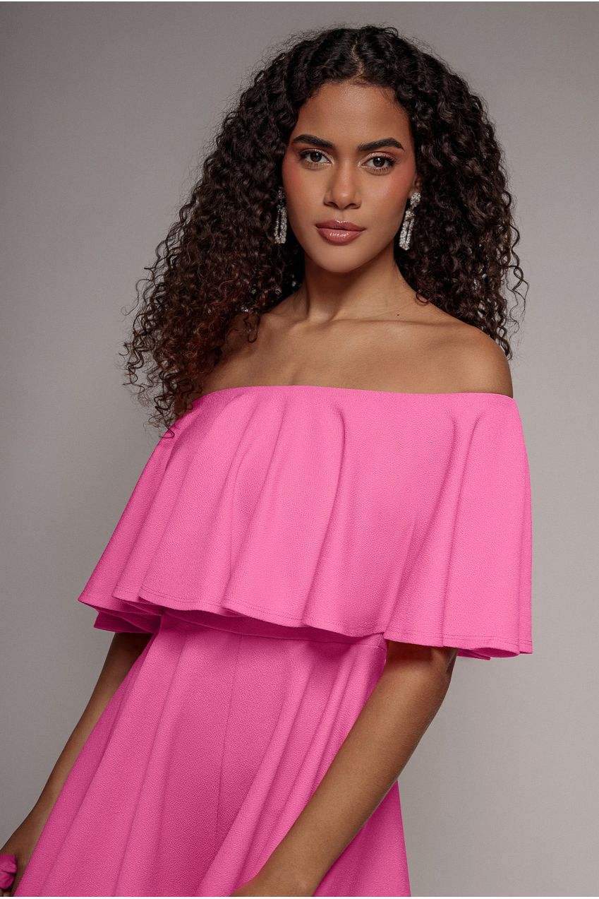 Goddiva Off The Shoulder Frill Neck Skater Romper - Cerise