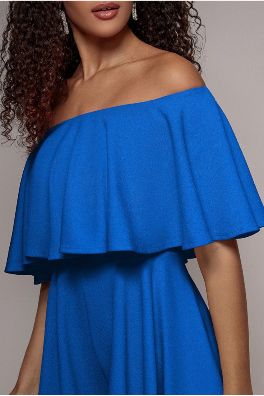 Goddiva Off The Shoulder Frill Neck Skater Romper - Royal Blue