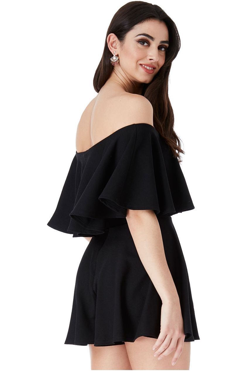 Goddiva Off The Shoulder Frill Neck Skater Romper - Black