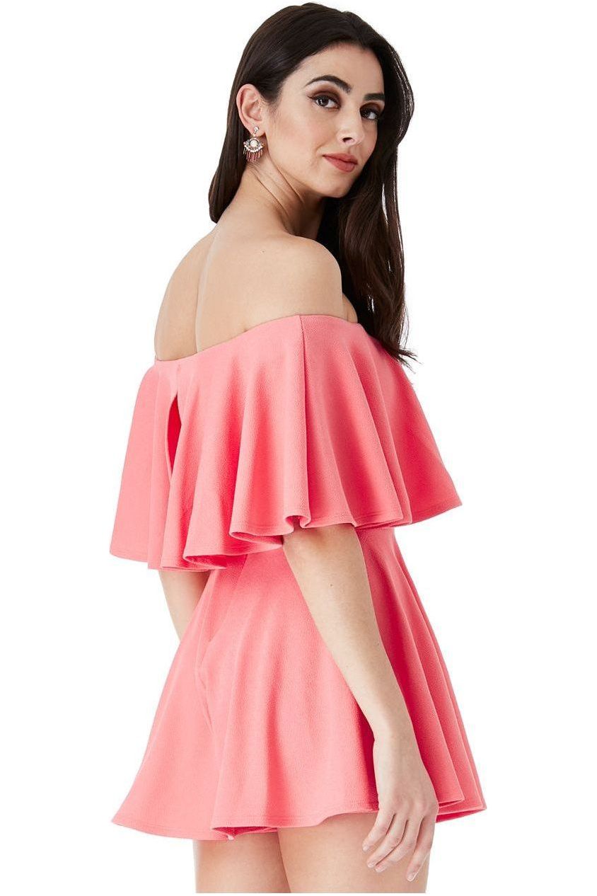 Goddiva Off The Shoulder Frill Neck Skater Romper - Coral