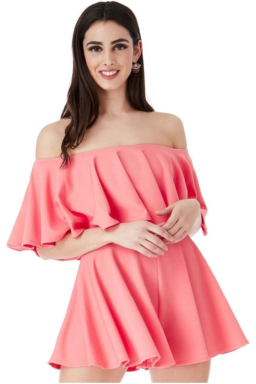 Goddiva Off The Shoulder Frill Neck Skater Romper - Coral