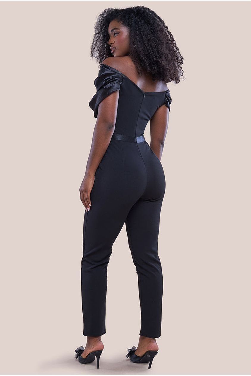 Goddiva Corset Bodice Scuba & Satin Bardot Romper - Black
