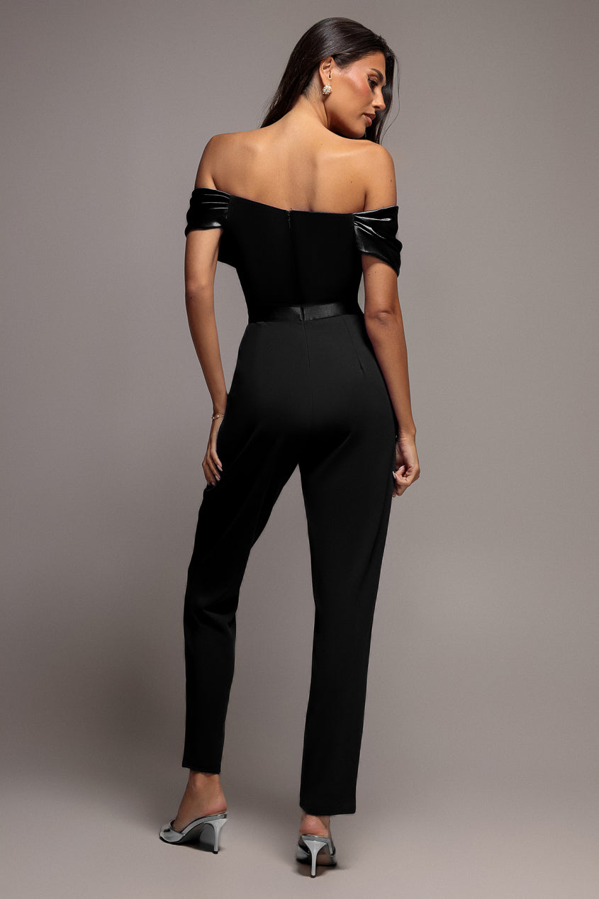 Goddiva Corset Bodice Scuba & Satin Bardot Romper - Black