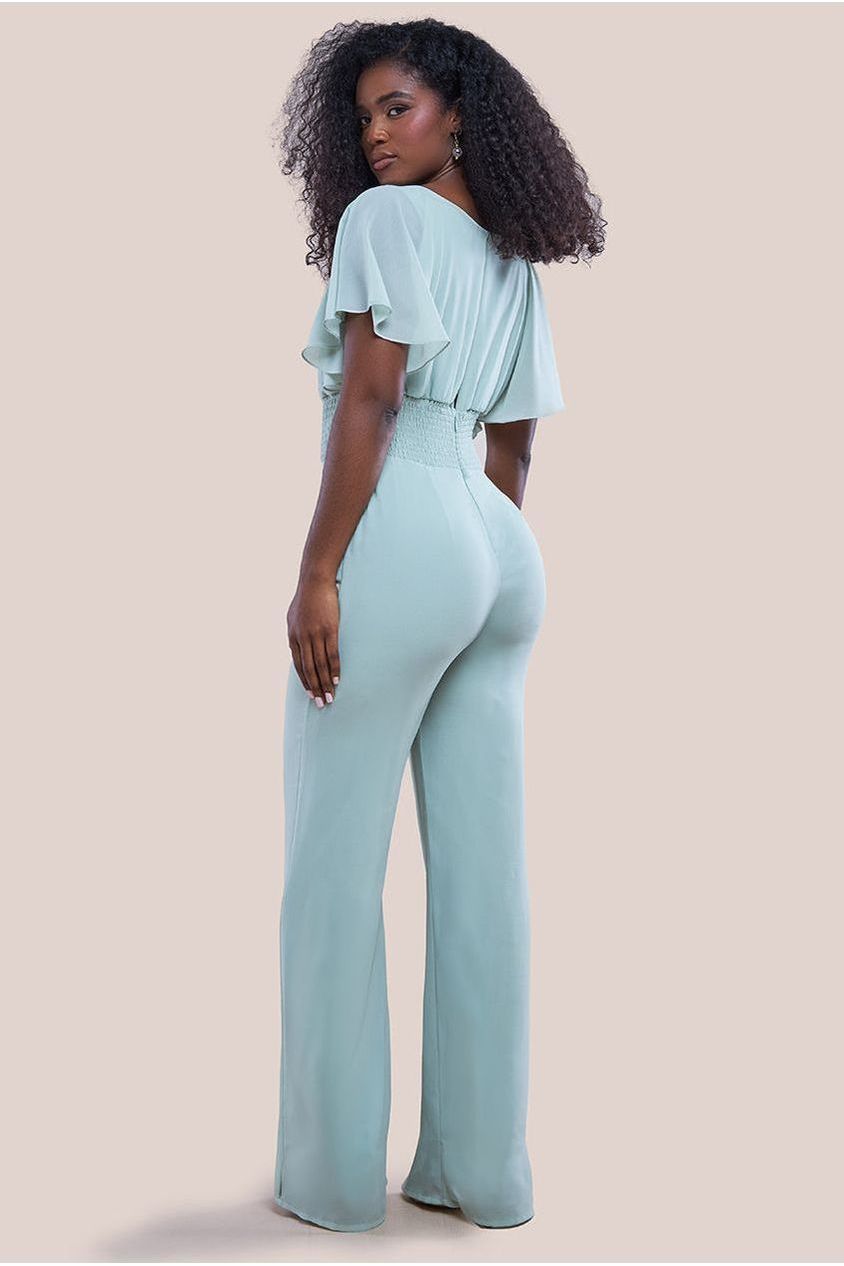 Goddiva Chiffon Romper With Flutter Sleeves - Sage Green
