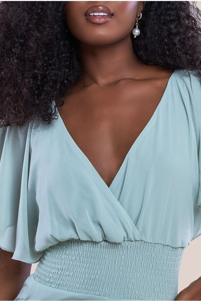 Goddiva Chiffon Romper With Flutter Sleeves - Sage Green