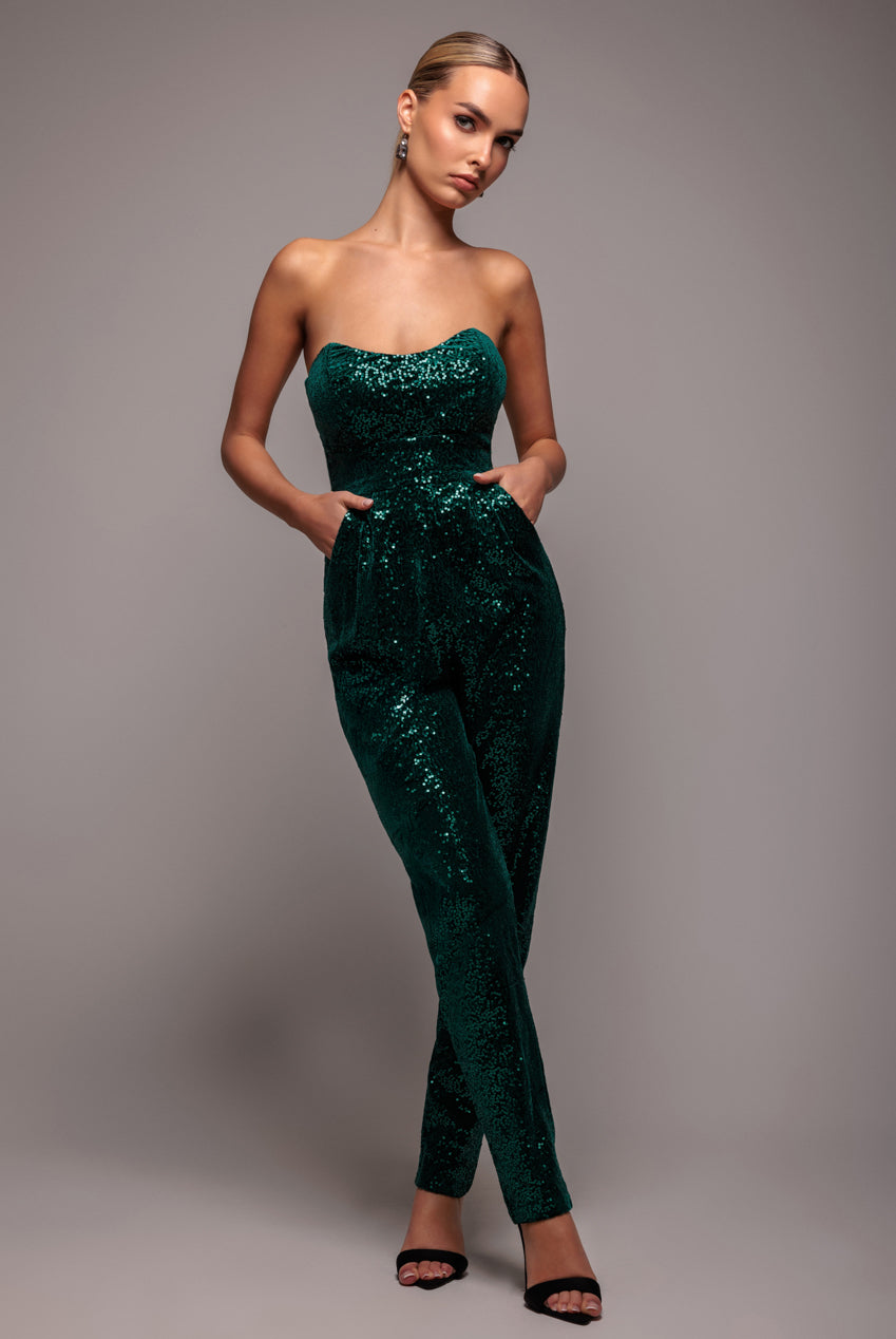Goddiva Sequin & Velvet Corset Romper - Emerald Green