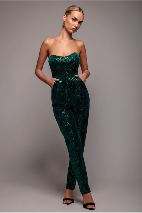 Goddiva Sequin & Velvet Corset Romper - Emerald Green