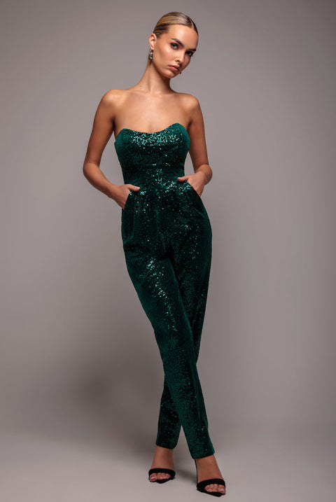 Goddiva Sequin & Velvet Corset Romper - Emerald Green