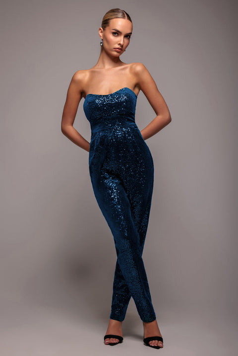 Goddiva Sequin & Velvet Corset Romper - Blue