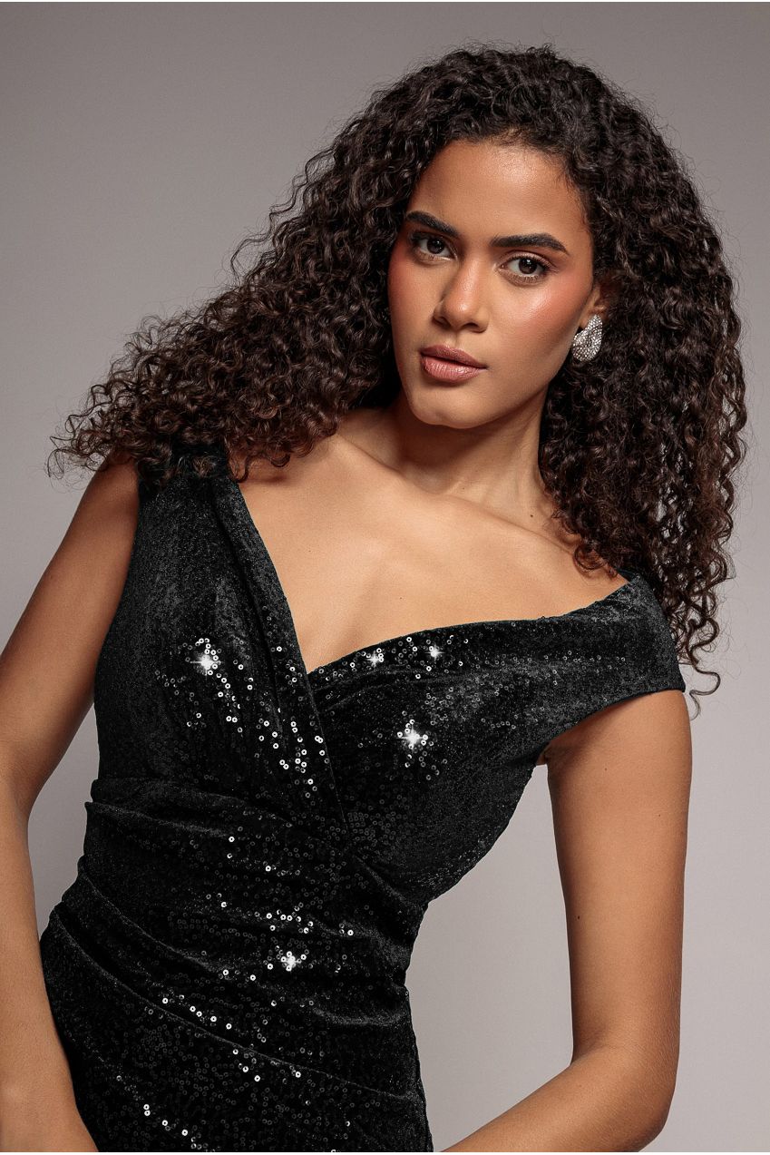 Goddiva Sequin Velvet Bardot Romper - Black