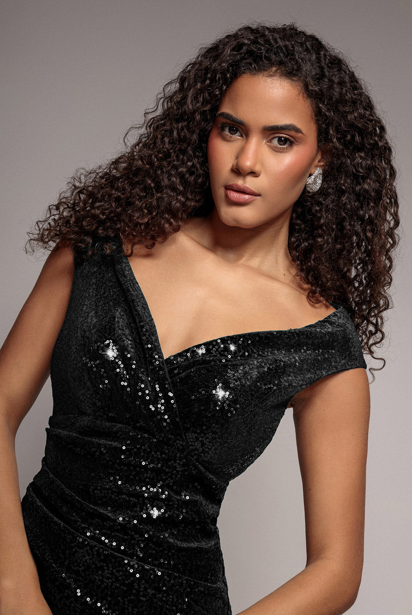 Goddiva Sequin Velvet Bardot Romper - Black