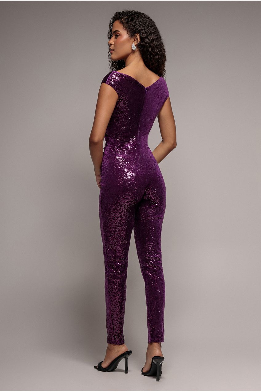 Goddiva Sequin Velvet Bardot Romper - Magenta