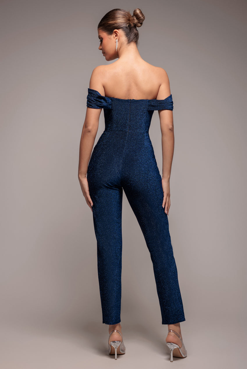 Goddiva Lurex Cowl Neck Romper - Navy