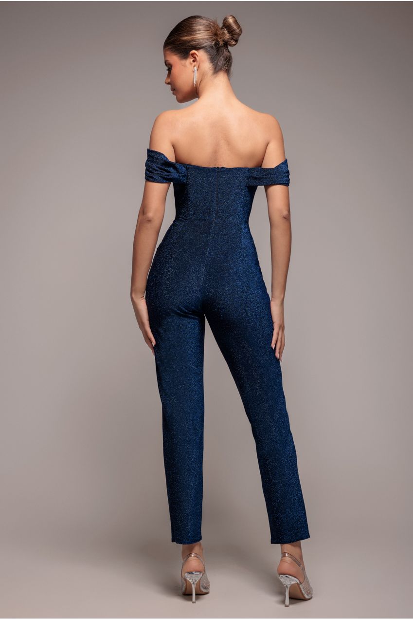 Goddiva Lurex Cowl Neck Romper - Navy