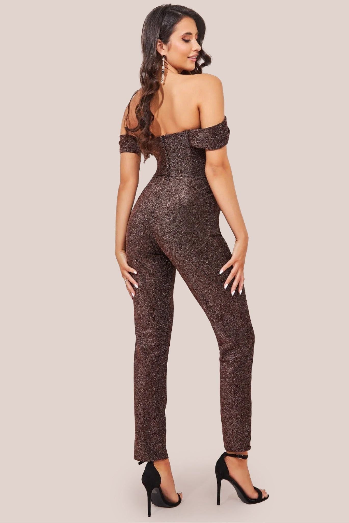 Goddiva Lurex Cowl Neck Romper - Bronze