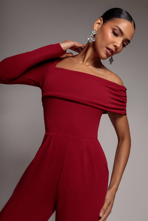Goddiva One Shoulder Scuba Romper - Wine